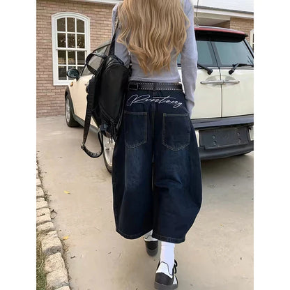 Blue Women's Retro Y2K 2000s Wide Leg Baggy Casual Denim Trouser High Waist Loose Jeans 2024 Autumn Harajuku Full Length Pants