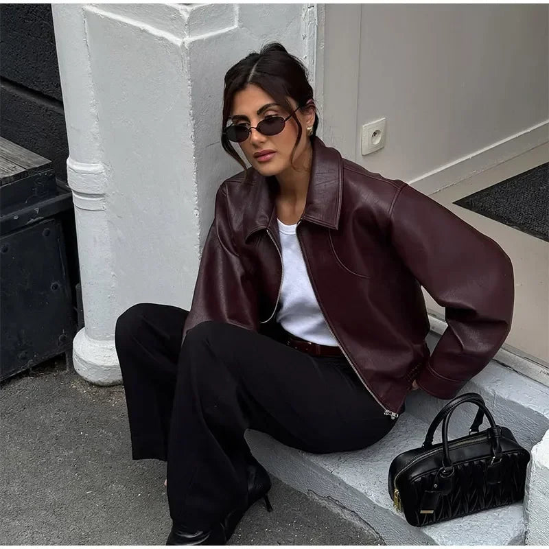 Retro Wine Red Pu Leather Short Jacket Women Chic Lapel Collar Zipper Button Loose Overcoats Autumn Ladies High Street Outerwear