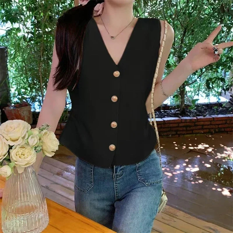 Womens Gold Button Front Vest V-Neck Ruched Waist Sleeveless Knit Jacket Casual Chic Spring Summer 2025 Trendy Outfit
