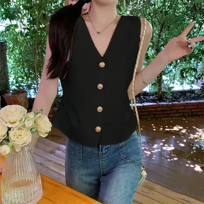 Womens Gold Button Front Vest V-Neck Ruched Waist Sleeveless Knit Jacket Casual Chic Spring Summer 2025 Trendy Outfit
