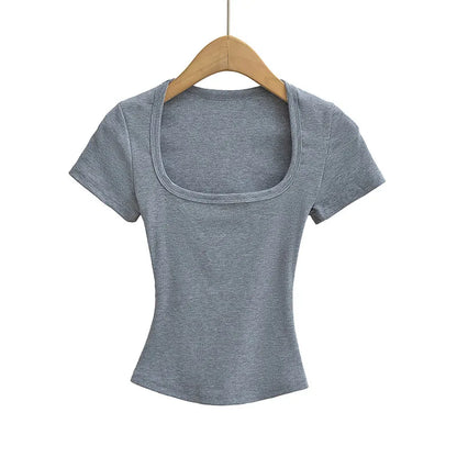 Summer square neck high elasticity crop top women's short sleeved sexy top slim fit pullover base shirt