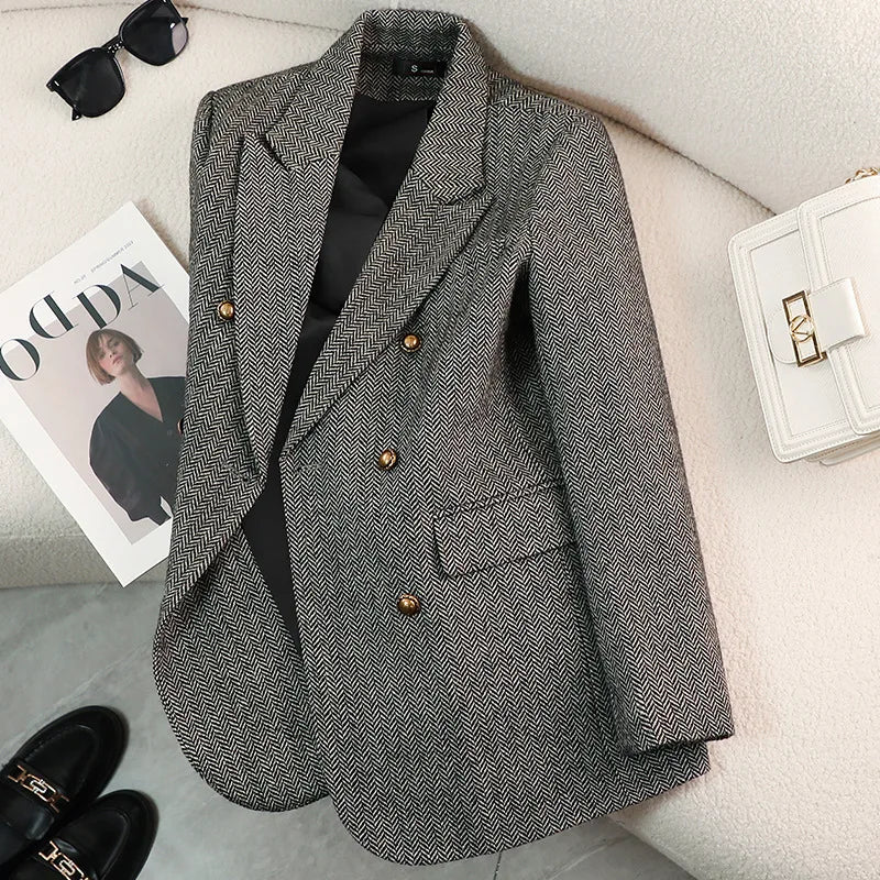 Women's Autumn Winter Long Sleeve Blazer Coats Vintage Thick Woolen Jackets Notched Elegant Outerwears Female Clothes