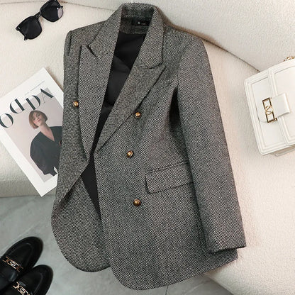 Women's Autumn Winter Long Sleeve Blazer Coats Vintage Thick Woolen Jackets Notched Elegant Outerwears Female Clothes