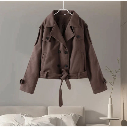 Stand Collar Women Winter Woolen Coats Single Breasted Loose Female Long Sleeve Jacket  Autumn Office Lady Street Short Coat