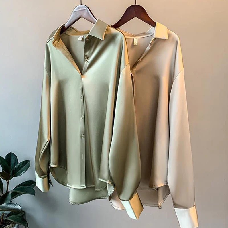 Elegant Black White Shirt Women Spring Autumn Long Sleeve Silk Satin Blouses For Women Fashion Turn Down Collar Button Shirt