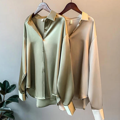 Elegant Black White Shirt Women Spring Autumn Long Sleeve Silk Satin Blouses For Women Fashion Turn Down Collar Button Shirt