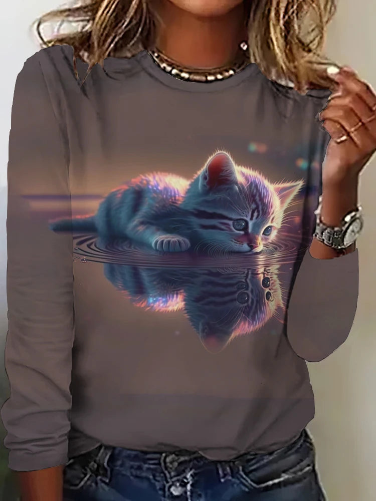 Fall Women's Long Sleeve T-Shirt Cute Cat Print Street Casual Crew Neck Pullover Oversized Clothing Outdoor T Shirts