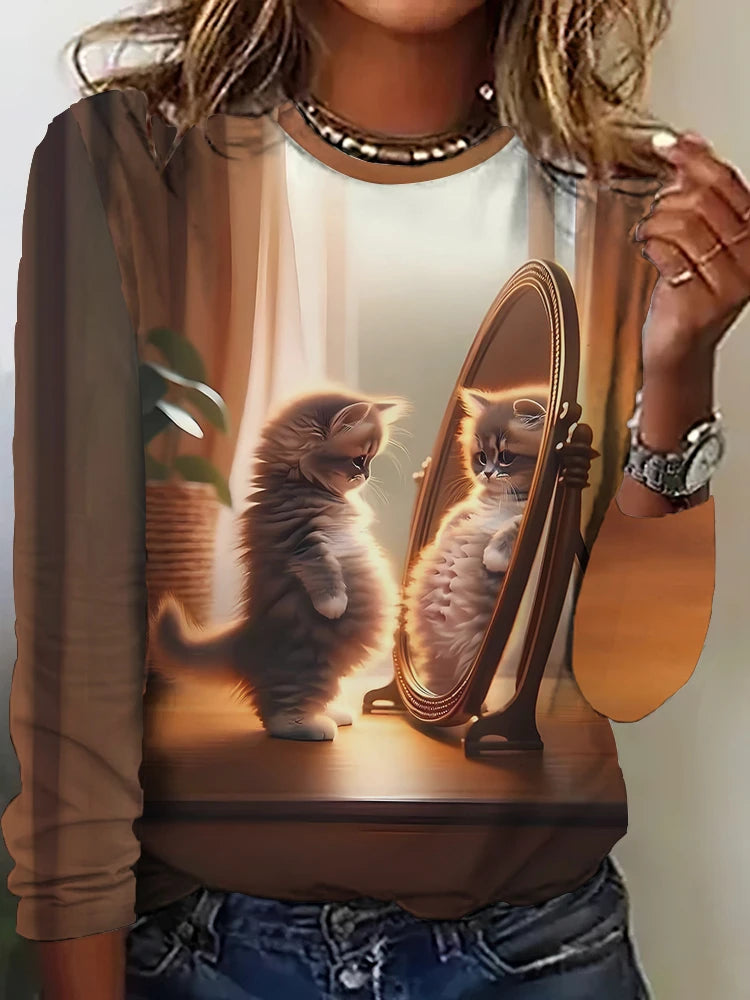 Fall Women's Long Sleeve T-Shirt Cute Cat Print Street Casual Crew Neck Pullover Oversized Clothing Outdoor T Shirts
