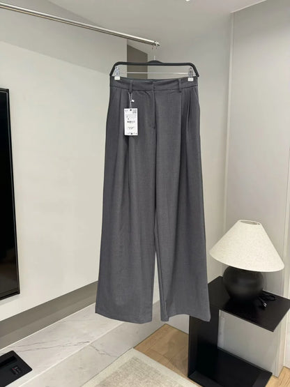 ETJ 2025 TRAF Women's Spring New suit Set with shoulder padded double-breasted blazer & high-waisted pleated wide-legged pants