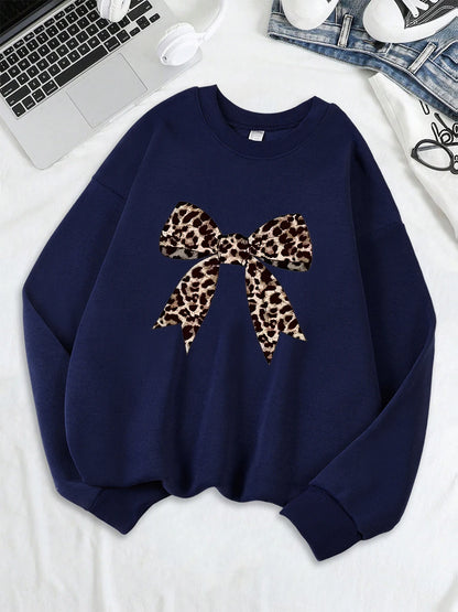 Bow Leopard Printing Sweatshirts Womens Crewneck Basics Hoodies Loose Fleece Warm Clothes Autumn Winter Sporty Woman Pullover