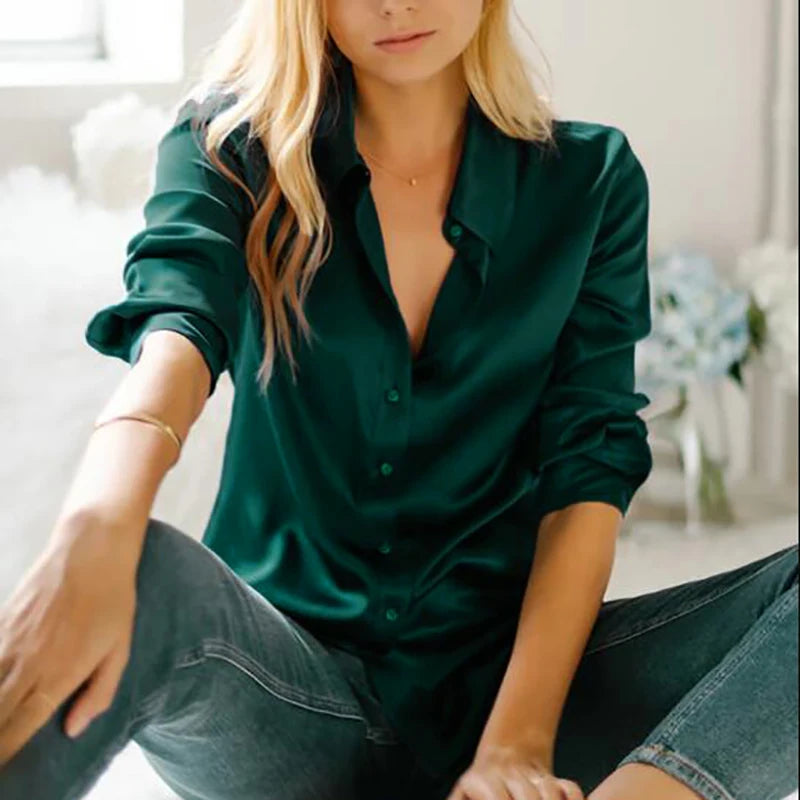 Elegant Black White Shirt Women Spring Autumn Long Sleeve Silk Satin Blouses For Women Fashion Turn Down Collar Button Shirt