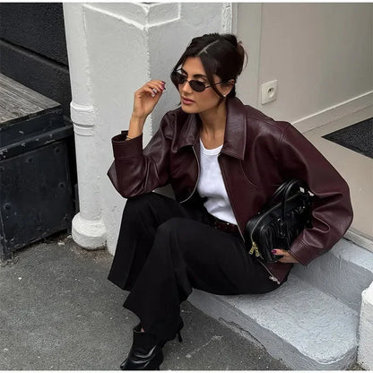 Retro Wine Red Pu Leather Short Jacket Women Chic Lapel Collar Zipper Button Loose Overcoats Autumn Ladies High Street Outerwear