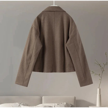 Stand Collar Women Winter Woolen Coats Single Breasted Loose Female Long Sleeve Jacket  Autumn Office Lady Street Short Coat