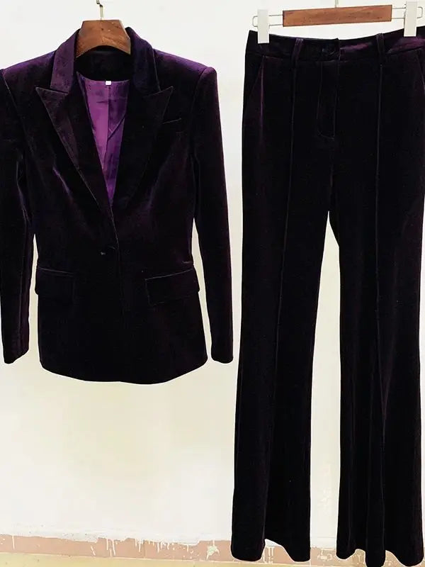 HIGH STREET Newest 2025 Grace Muse F/W Designer Suit Set Women's Single Button Velvet Blazer Flare Pants Set 2pcs