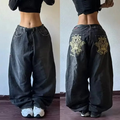 Harajuku Vintage Hip-hop Pop Letters Embroidered Washed Baggy Jeans Ladies Y2K Gothic Fashion Casual High Waist Wide Leg Pants