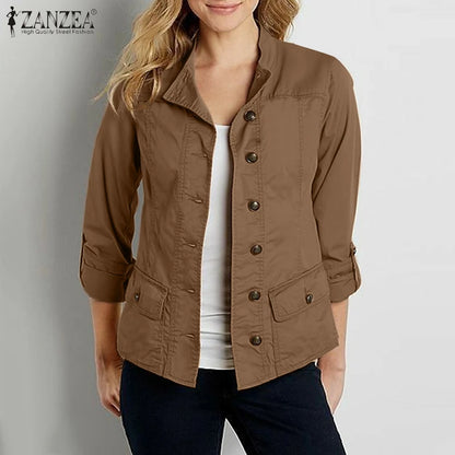 ZANZEA Fashion OL Jackets Woman Long Sleeve Stand Collar Outerwear Autumn Vintage Party Work Wear Female Elegant Button UP Coats