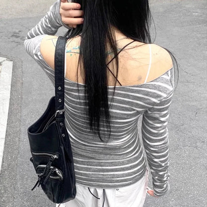 Y2K Grunge Emo 00s Vintage T-Shirt Black Grey Striped Off Shoulder Long Sleeve Jumper Top Chic Women Autumn Retro Goth Tee Shirt