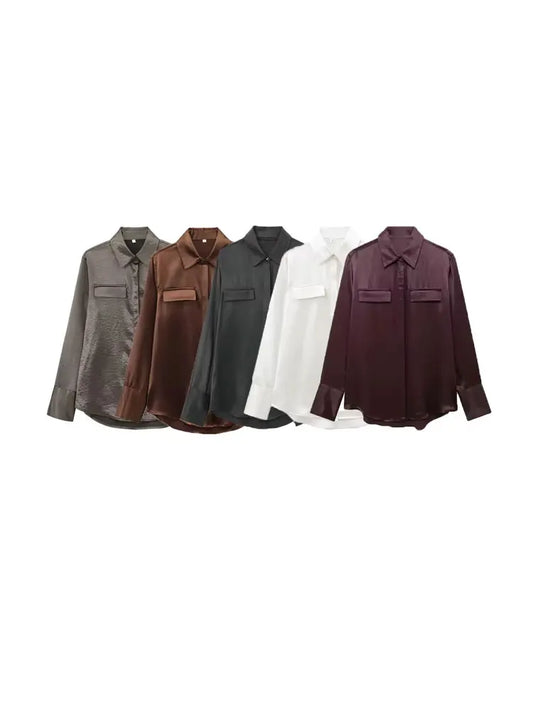 TRZA-Satin Shirts with Pockets for Women, Long Sleeve, Button-up, Female Blouses, Chic Tops, Fashion