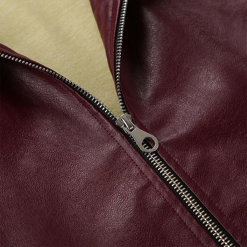 Zekye Spring Summer Women Jackets Fashion Lapel Zipper Long Sleeve Female Coats Lady Street Outwear Burgundy Leather Jacket