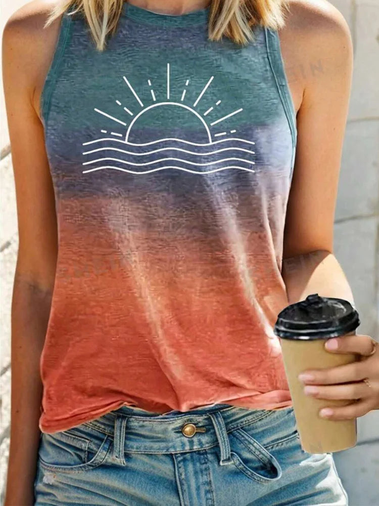Gradual Color Print Women's Casual Tank Top Street Fashion Women's Crew Neck Tank Top Summer Outdoor Beach Sleeveless T-shirt