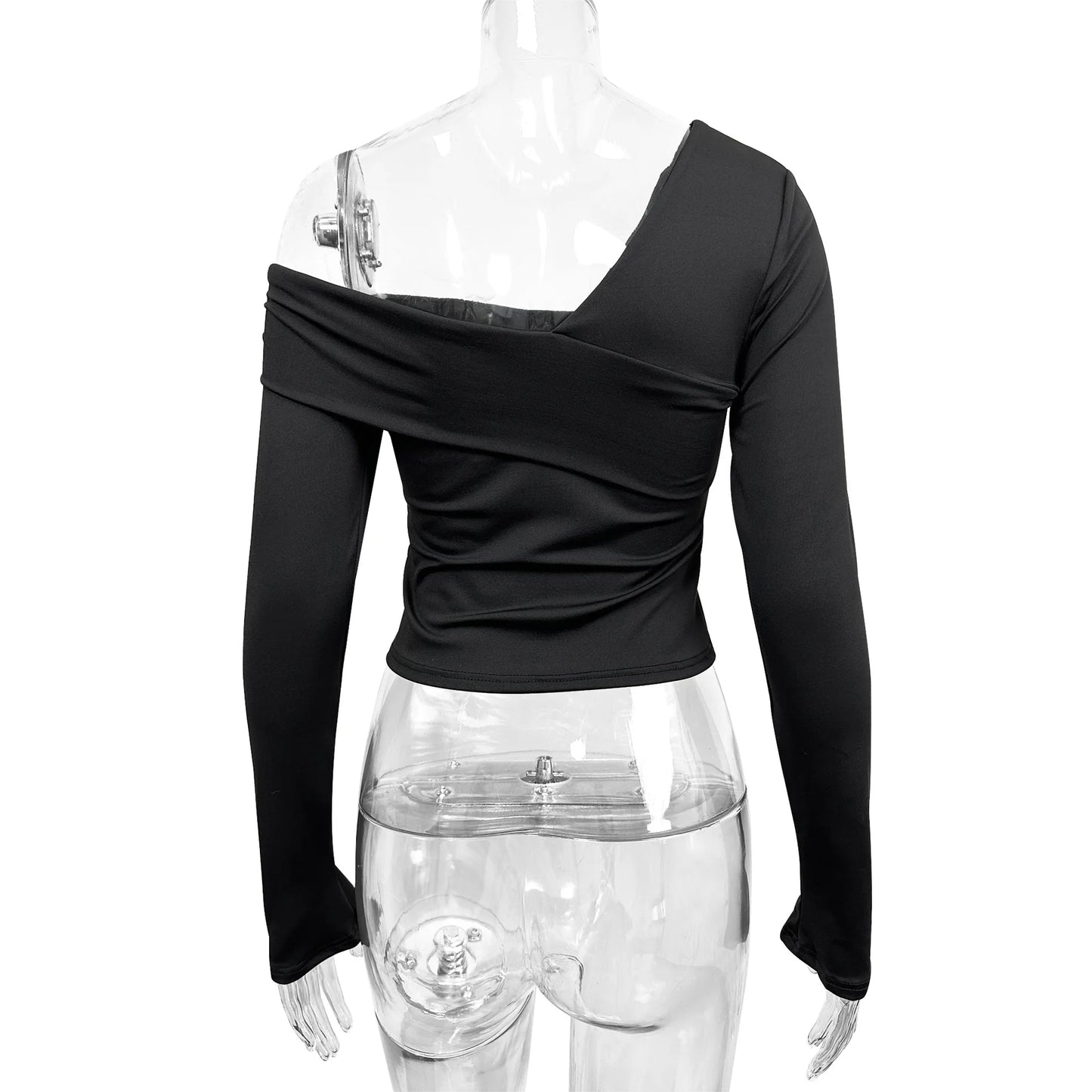 Fairyshely 2025 Spring Casual Black T-shirt Women Off Shoulder Long Sleeve Bodycon Crop Top Autumn Lady Clud Party Short Tops