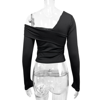 Fairyshely 2025 Spring Casual Black T-shirt Women Off Shoulder Long Sleeve Bodycon Crop Top Autumn Lady Clud Party Short Tops