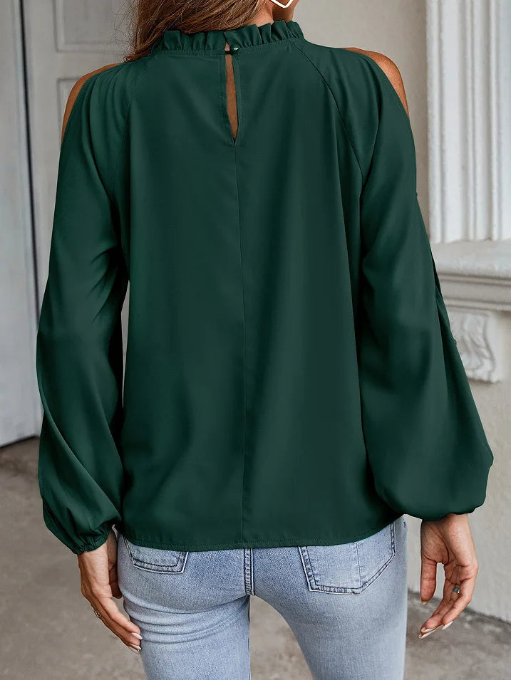 Fashion lotus leaf pleat semi high neck off shoulder hollowed out long sleeved top spring autumn women's elegant temperament top