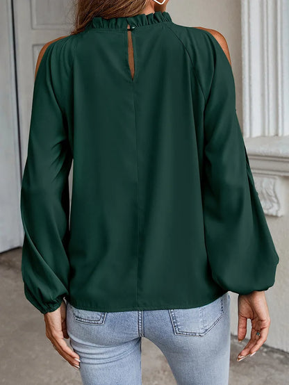 Fashion lotus leaf pleat semi high neck off shoulder hollowed out long sleeved top spring autumn women's elegant temperament top