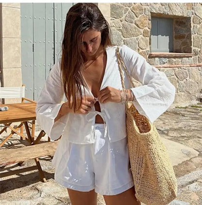 ALOBEE Loose Lace Up Bow Shirt Women Elegant V Neck Long Flare Sleeve Lady 2024 New Spring Summer Simple High Street Female Tops