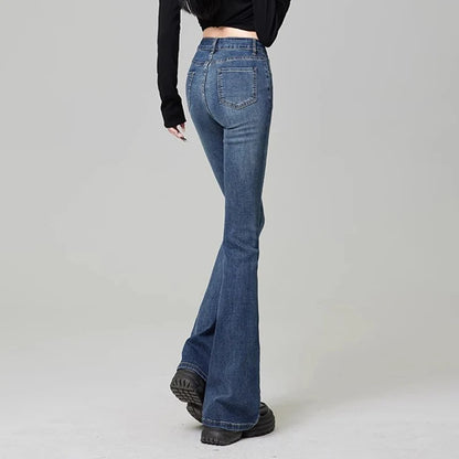 Women Vintage High Street Bell Bottom Jeans Lady Sexy Slim Fit Denim Flare Pants Deep Blue Light Blue Black Blue Gray Trousers