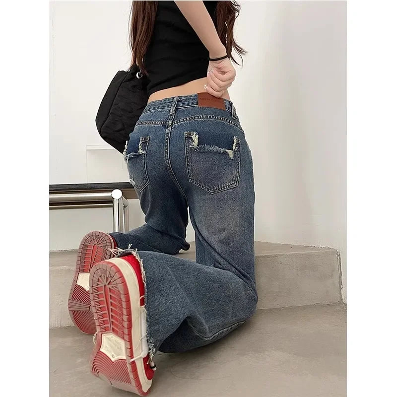 Vintage High-Waisted Wide-Leg Jeans Women's Spring New Loose-Fit Slimming Plus Size Pear-Shaped Body Straight-Leg Pants
