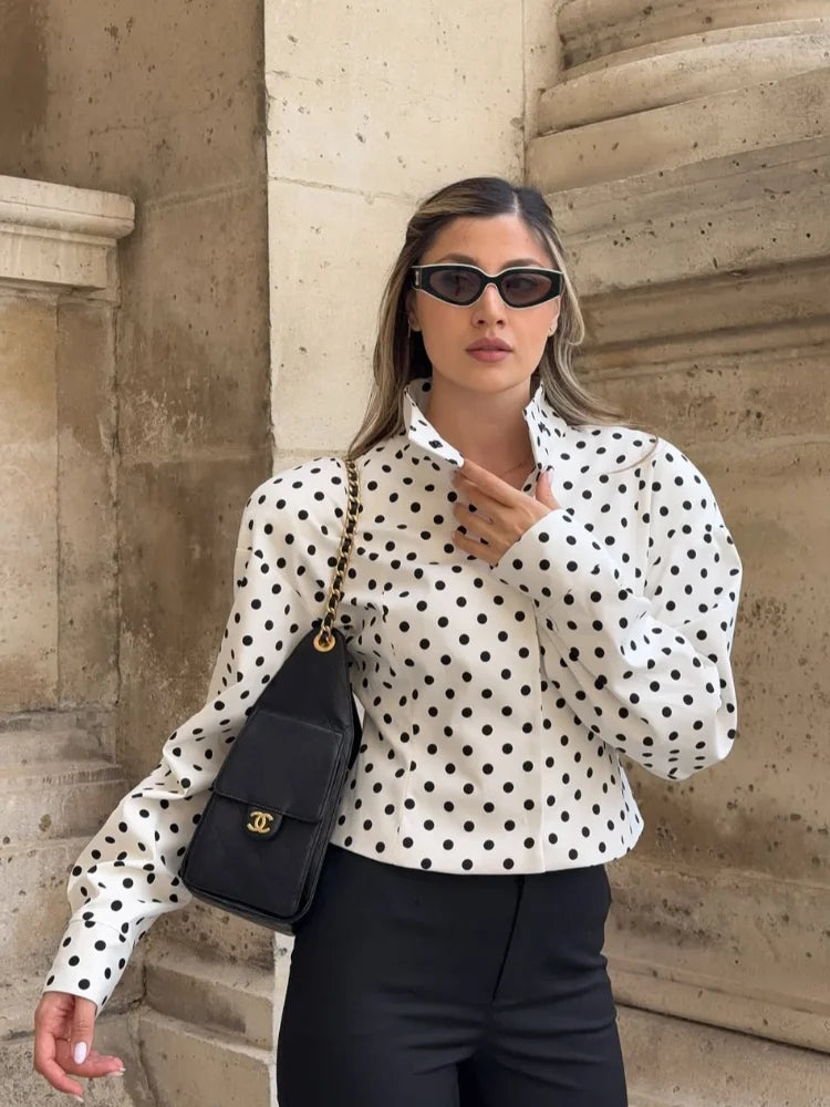 Polka Dot Print Round Neck Short Coats Women's High Street Blazer Long Sleeve Jackets 2025 Elegant Office Ladies Suit Outerwear