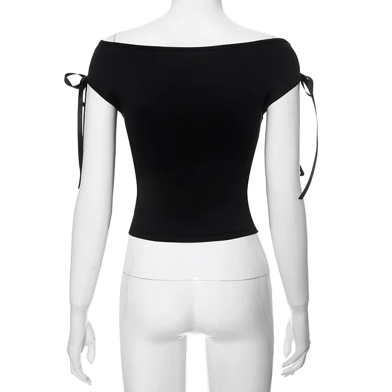 CUTENOVA 2024 Summer Solid Color Sexy Off Shoulder Tops Lace Up Sleeveless T-Shirt Casual Slim Crop Top  Black Short Sleeve Wome