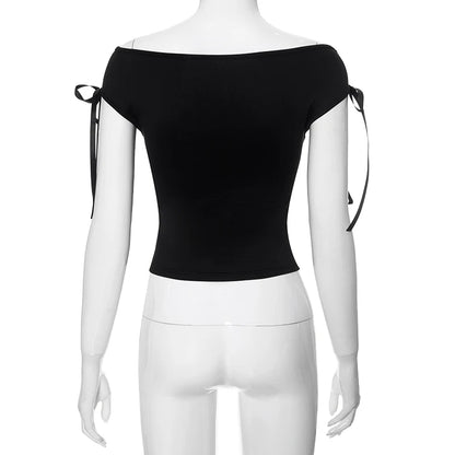 CUTENOVA 2024 Summer Solid Color Sexy Off Shoulder Tops Lace Up Sleeveless T-Shirt Casual Slim Crop Top  Black Short Sleeve Wome