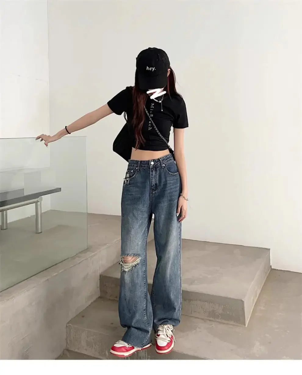 Vintage High-Waisted Wide-Leg Jeans Women's Spring New Loose-Fit Slimming Plus Size Pear-Shaped Body Straight-Leg Pants