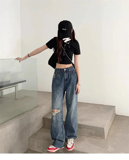 Vintage High-Waisted Wide-Leg Jeans Women's Spring New Loose-Fit Slimming Plus Size Pear-Shaped Body Straight-Leg Pants