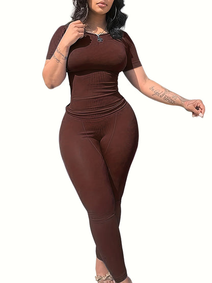 New style Lounge Wear Ribbed Casual 2 Piece Summer Shorts Set For Women Sleeve Top+Elastic Leggings Outfits