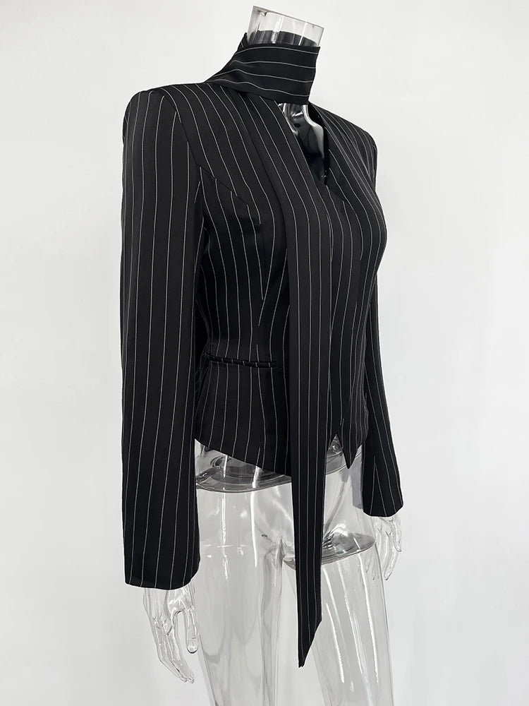 TARUXY Striped Print V-neck Ribbon Suit Coat For Women Long Sleeve Buttons Office Lady Top Elegant Female New Blazer Outwear