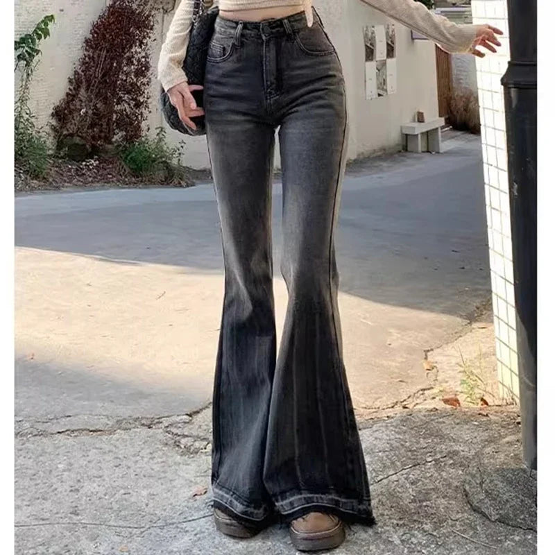 Woman High Waist Vintage Casual Flare Jeans Girls Elastic Slim Fit Bell Bottom Pants Lady Fashion Blue Black Grey Denim Trousers