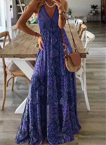 Plus-size Europe and the United States cross-border  new slip long skirt high-waisted V-neck printed floral dress