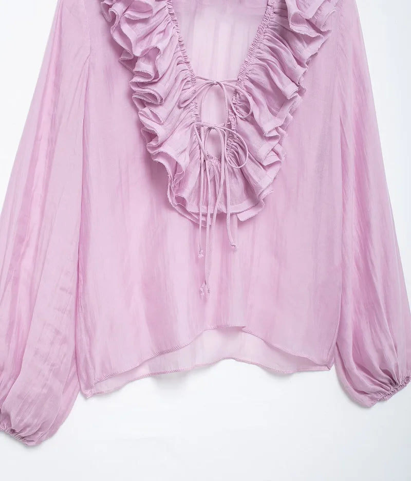 MUJER 2025 Ruffle Blouses for Women Semi Sheer Casual Blouse Woman Pleated Summer Shirts and Blouses Women Long Sleeve Women Top