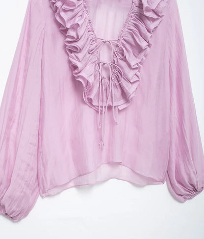 MUJER 2025 Ruffle Blouses for Women Semi Sheer Casual Blouse Woman Pleated Summer Shirts and Blouses Women Long Sleeve Women Top