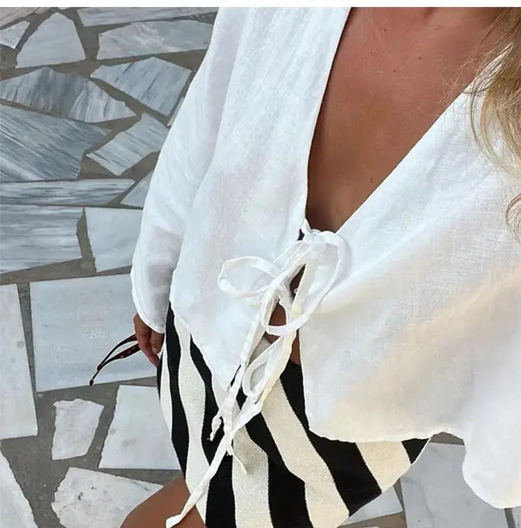 ALOBEE Loose Lace Up Bow Shirt Women Elegant V Neck Long Flare Sleeve Lady 2024 New Spring Summer Simple High Street Female Tops