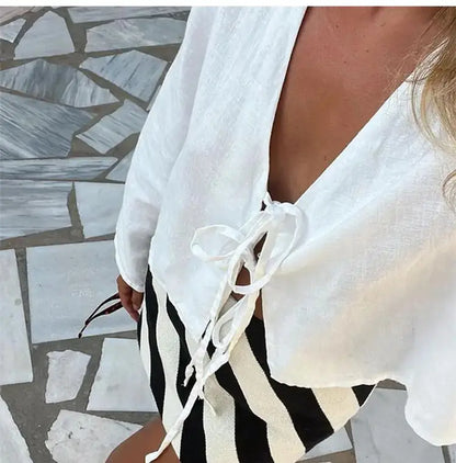 ALOBEE Loose Lace Up Bow Shirt Women Elegant V Neck Long Flare Sleeve Lady 2024 New Spring Summer Simple High Street Female Tops