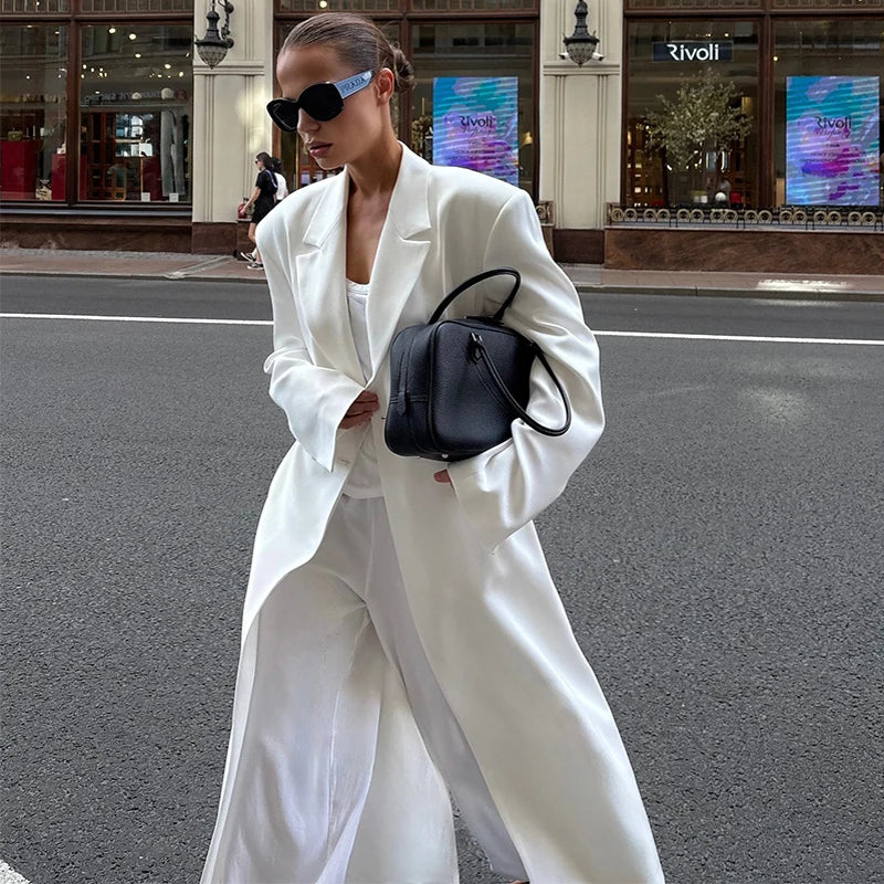 Street Fur Long Women's Jacket Long Sleeve Shoulder Pad Lapel Femal Coat 2025 Autumn Fashion Solid Double Buckle Lady Outwears