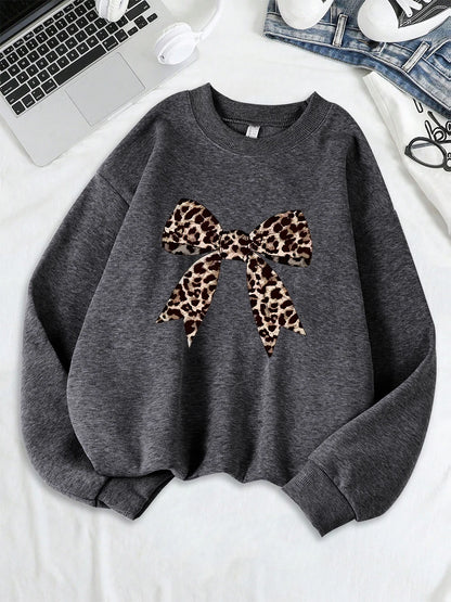 Bow Leopard Printing Sweatshirts Womens Crewneck Basics Hoodies Loose Fleece Warm Clothes Autumn Winter Sporty Woman Pullover