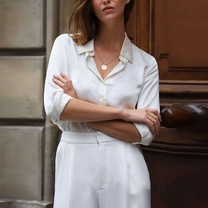 Elegant Black White Shirt Women Spring Autumn Long Sleeve Silk Satin Blouses For Women Fashion Turn Down Collar Button Shirt