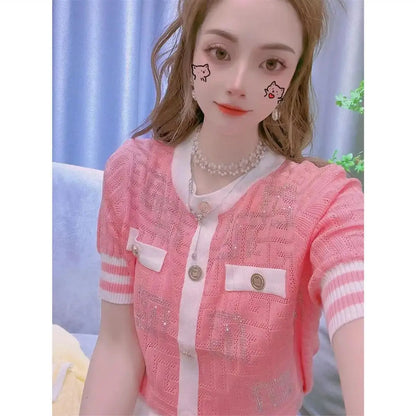 Ice Silk Knitted Sweater Cardigan Women's 2025 Summer New Short-sleeved Hollow Out Korean Style Office Lady Chic Top