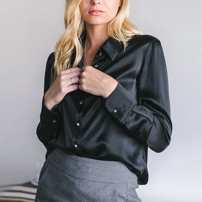 Elegant Black White Shirt Women Spring Autumn Long Sleeve Silk Satin Blouses For Women Fashion Turn Down Collar Button Shirt