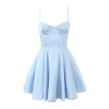 European and American style French niche slim fit suspender dress women's summer satin three-layer three-dimensional steel ring